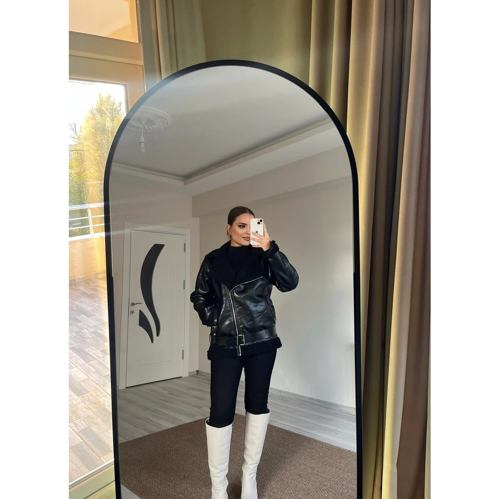 uzun deri biker mont siyah