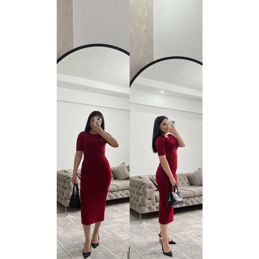 Kısa kol büzgü detay elbise bordo