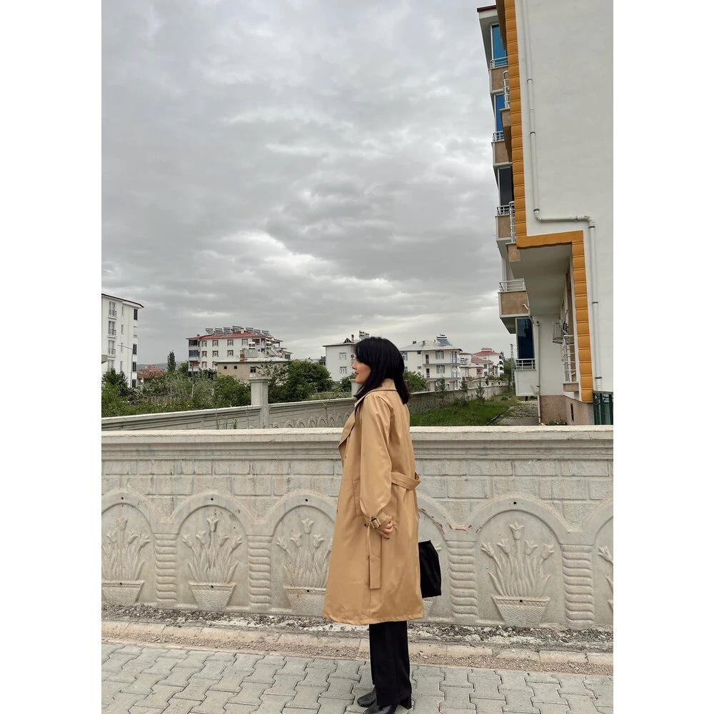 astarlı uzun trençkot camel