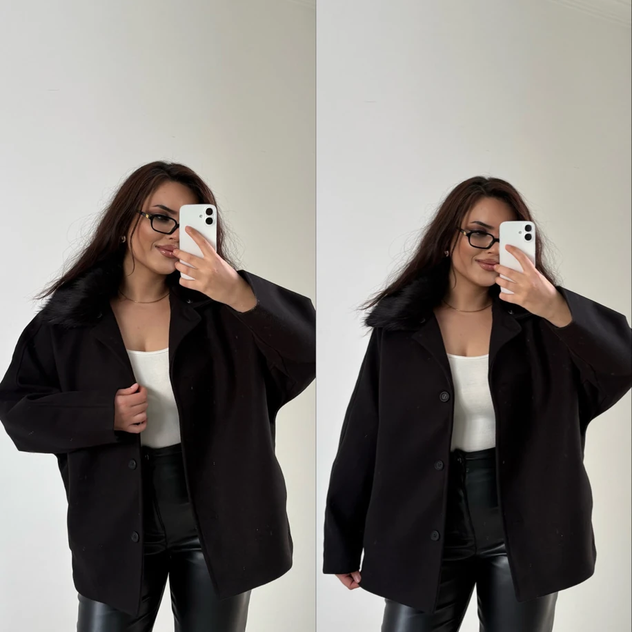 Kaşe çıkarılabilir kürklü kaban siyah