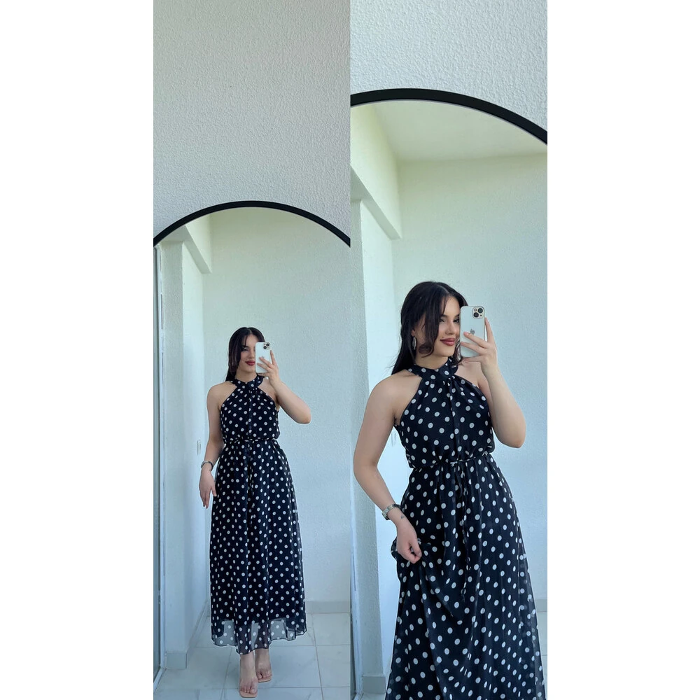 Siyah halter yaka puantiyeli elbise