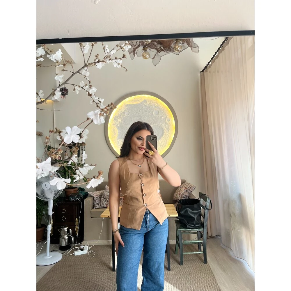 Bağlama detaylı yelek bej