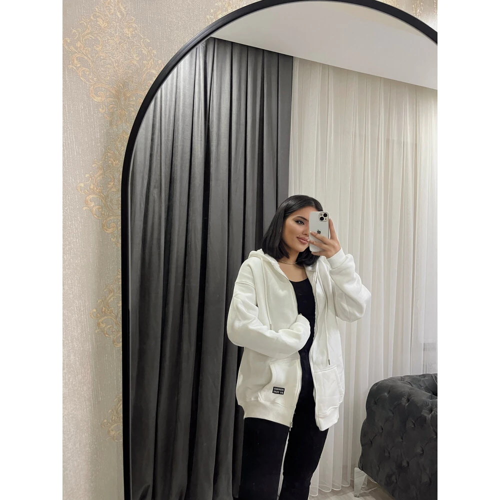 fermuarlı uzun oversize sweat beyaz