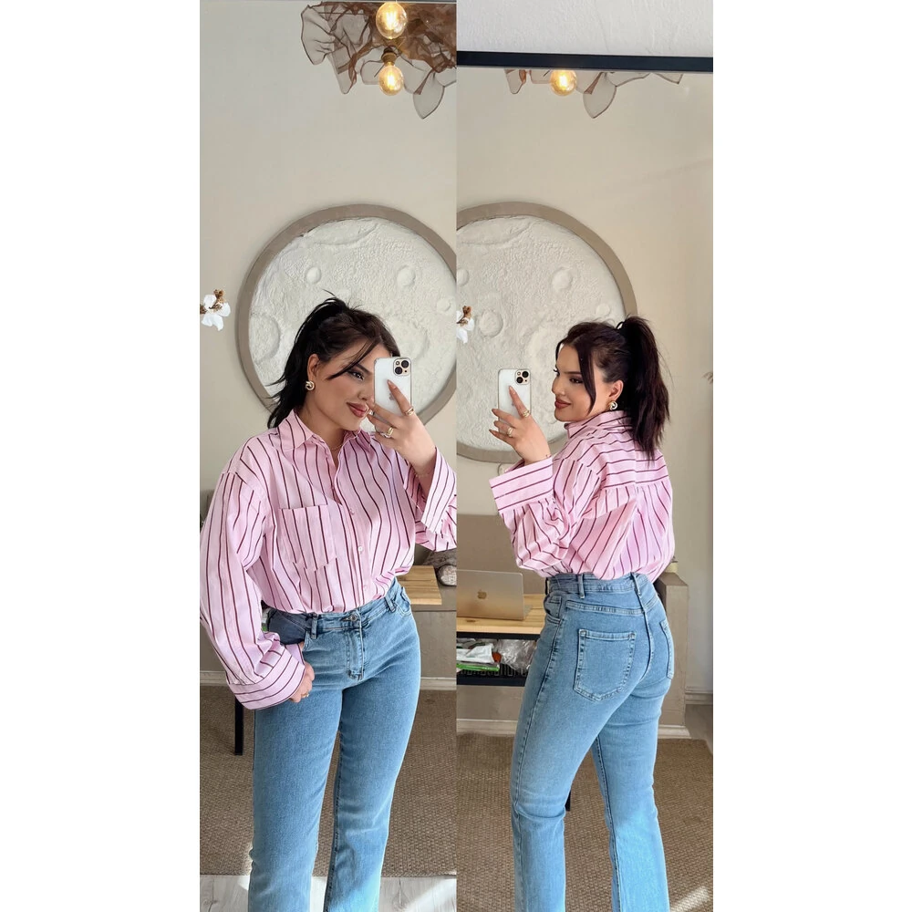 Çizgili premium gömlek pembe