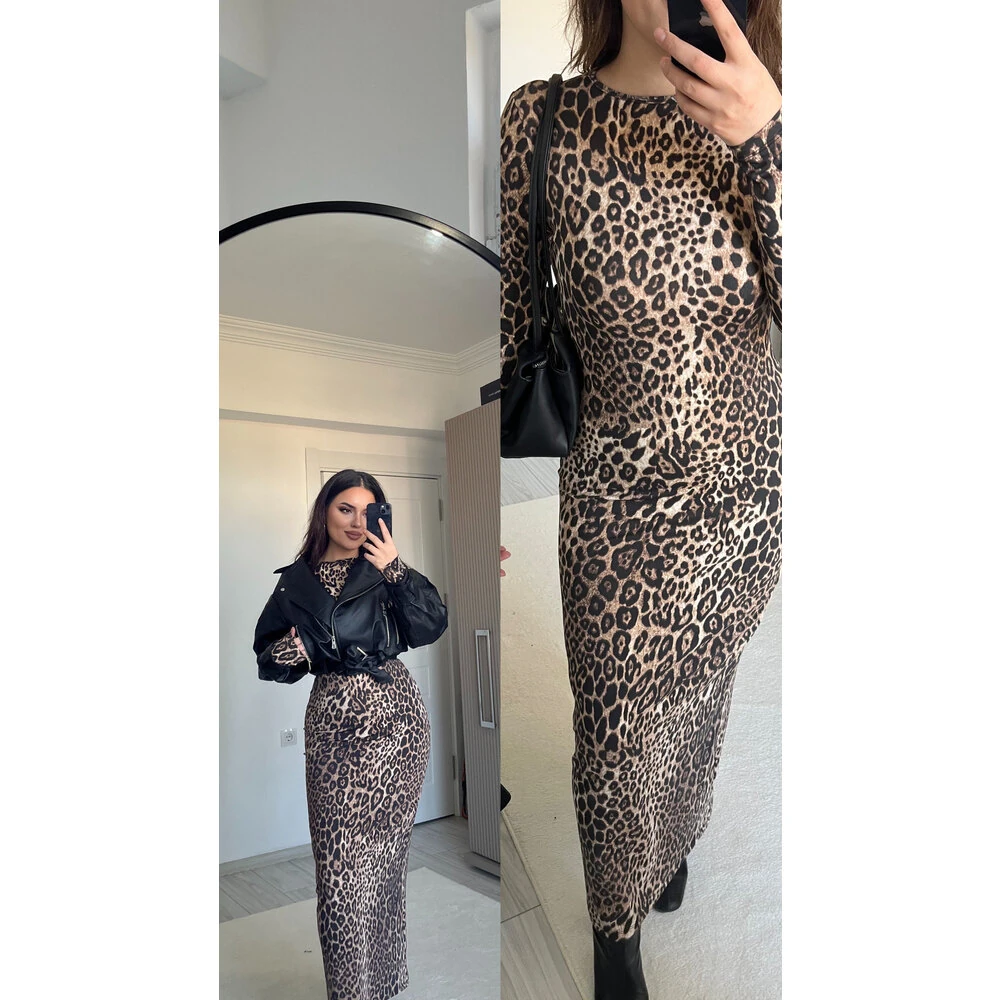 Leopar desen maxi elbise