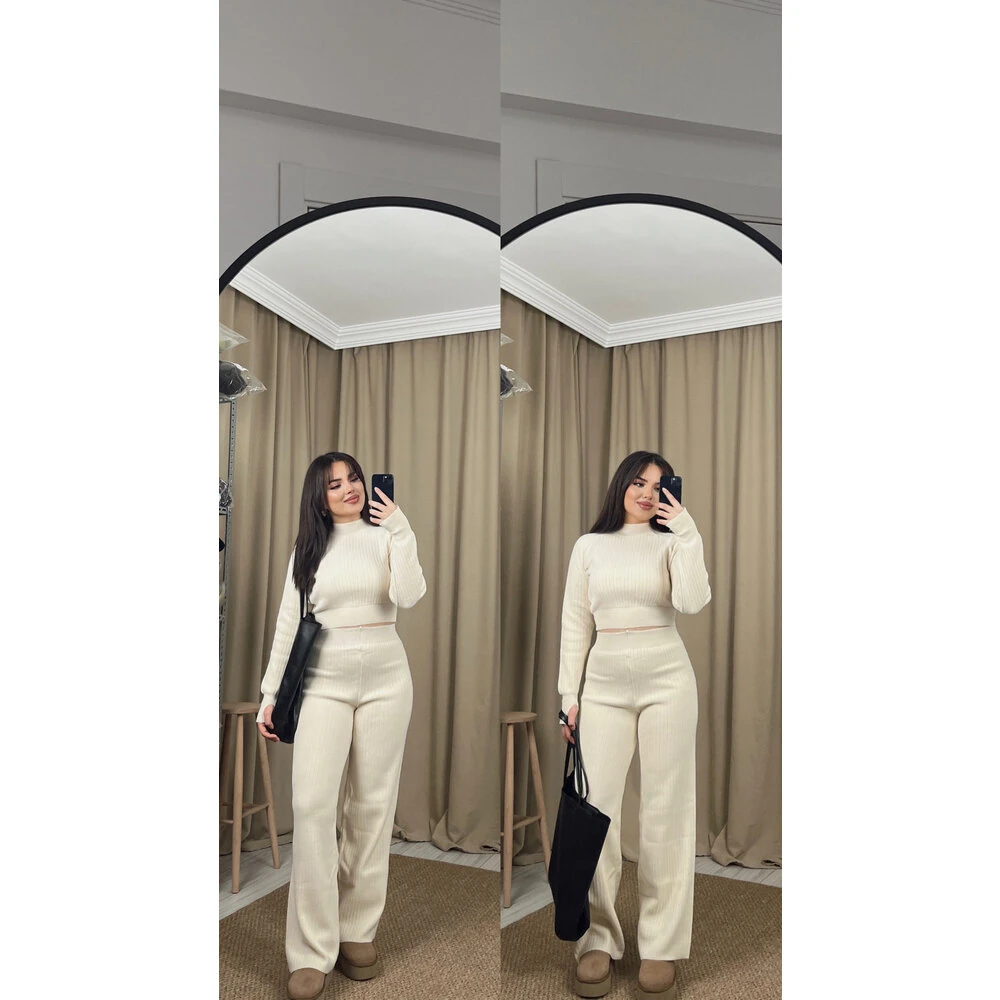 Triko parmak geçirmeli takım krem