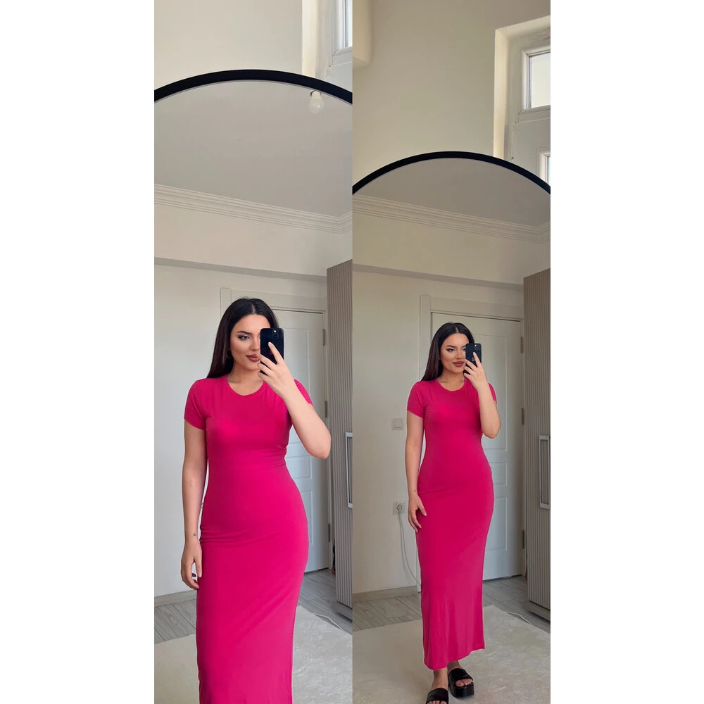 Pembe kısa kol uzun elbise