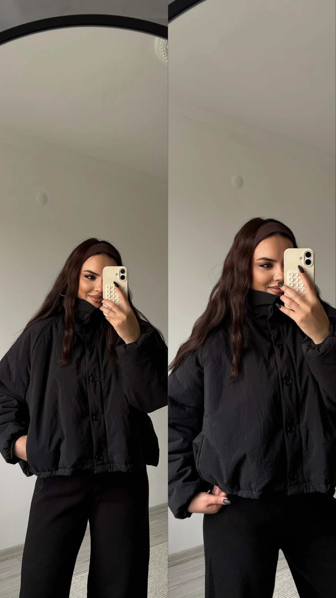 dik yakalı şişme mont siyah