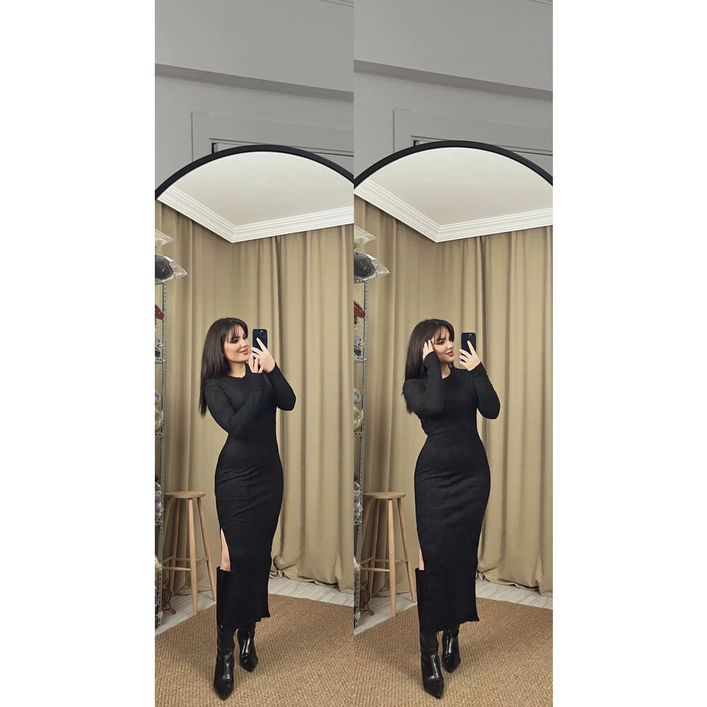 Bisiklet yaka yandan yırtmaçlı triko elbise siyah