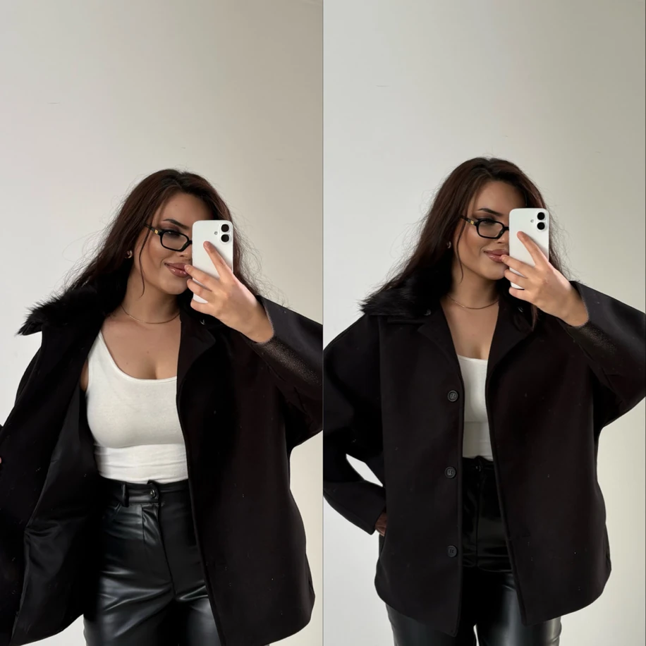 Kaşe çıkarılabilir kürklü kaban siyah