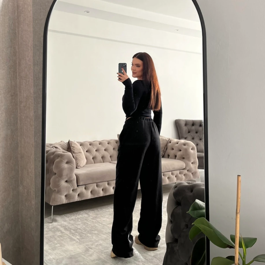 ince kemerli fitilli eşofman altı siyah