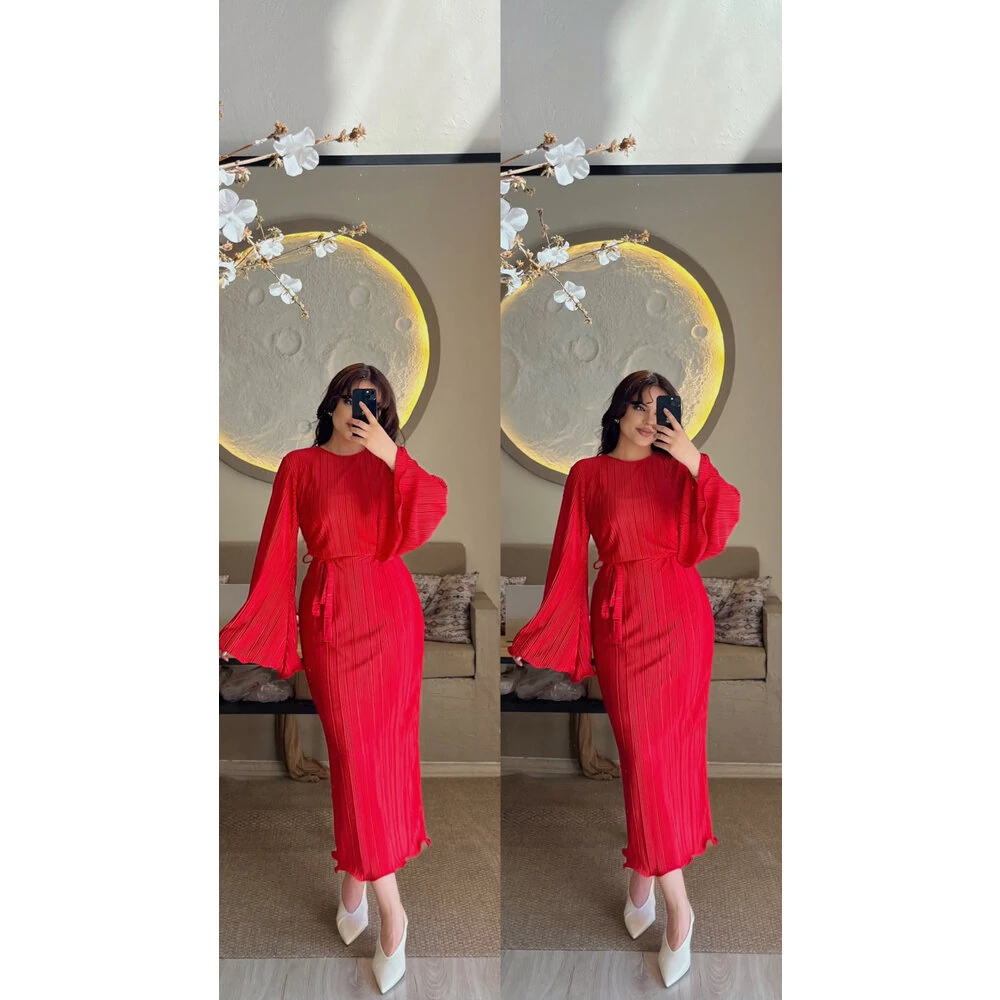 İspanyol kol piliseli elbise kırmızı