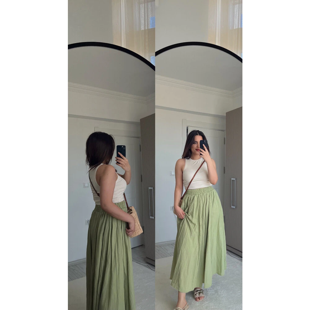 Yeşil gofre astarlı etek