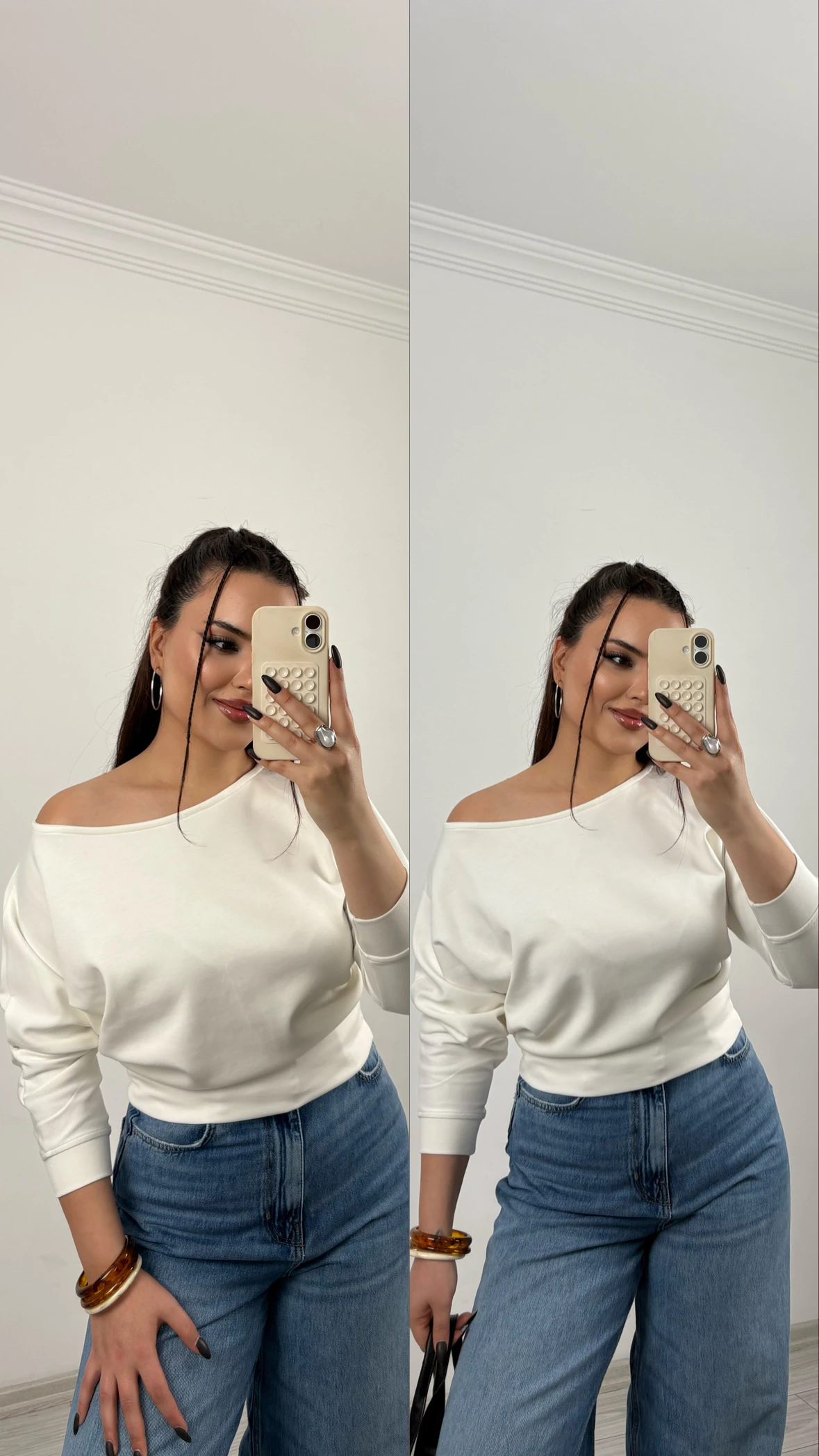 düşük omuz bluz ekru