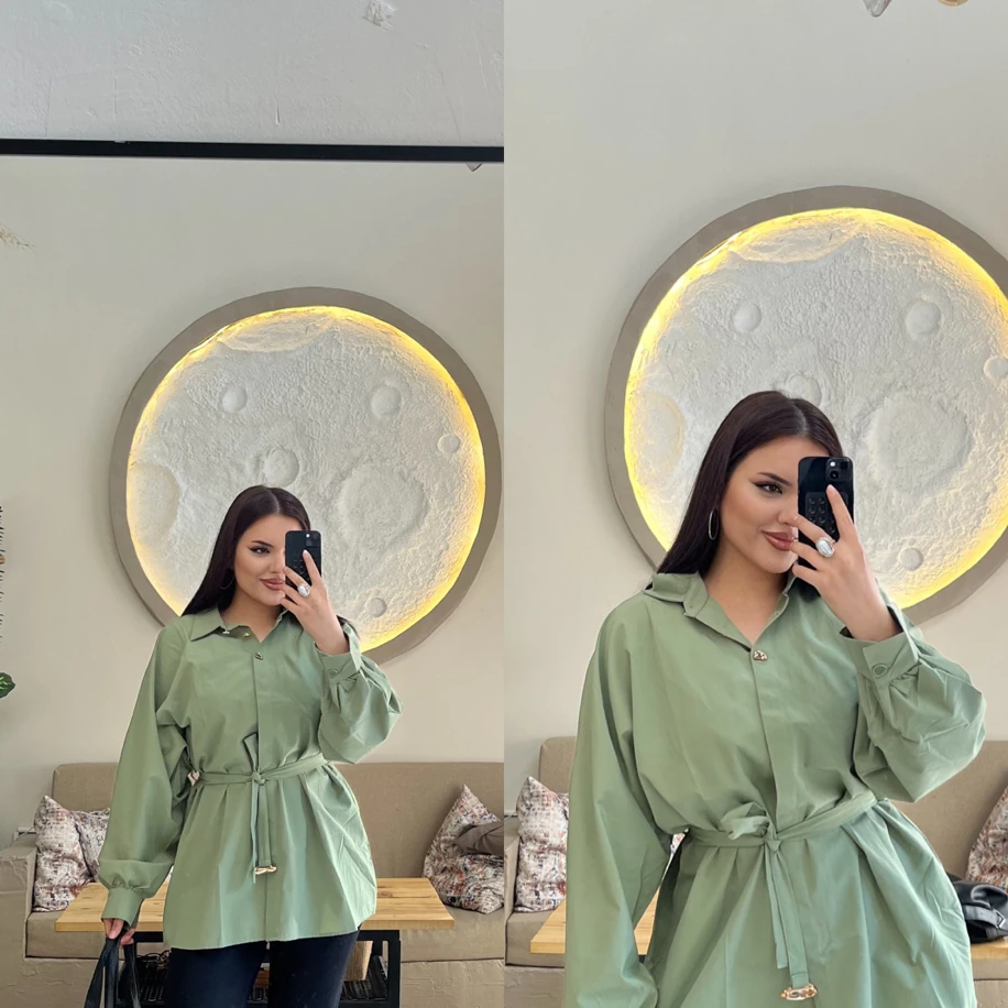 Bel kuşak detaylı gömlek haki