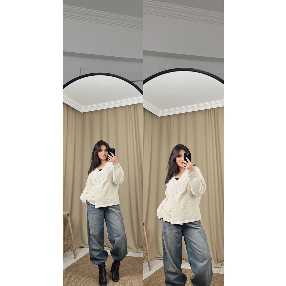 Düğmeli kruvaze yaka hırka krem