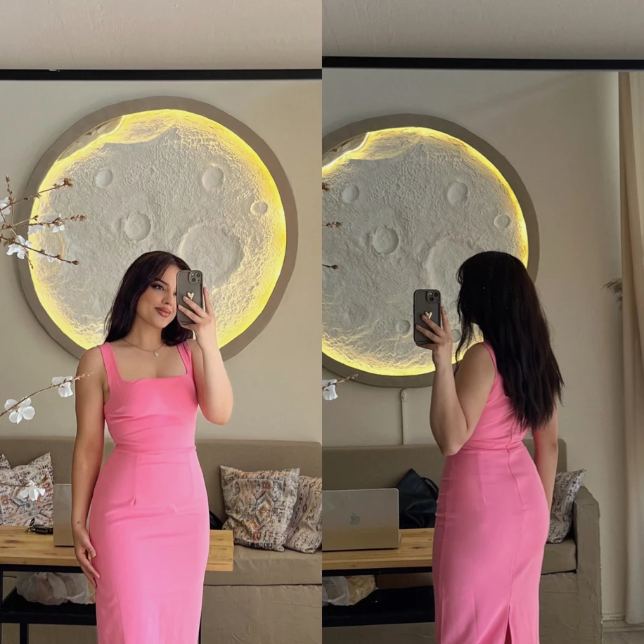 Pembe kare yaka kalın askılı kalem elbise