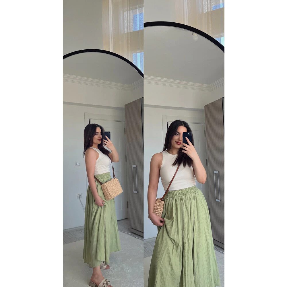 Yeşil gofre astarlı etek