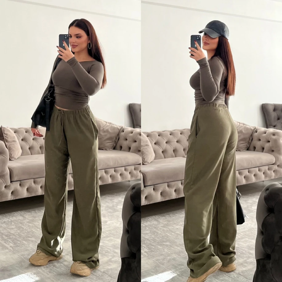 ince kemerli fitilli eşofman altı haki