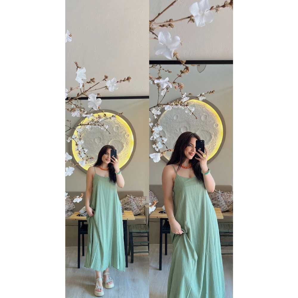 Ayarlanabilir ip askılı salaş elbise yeşil