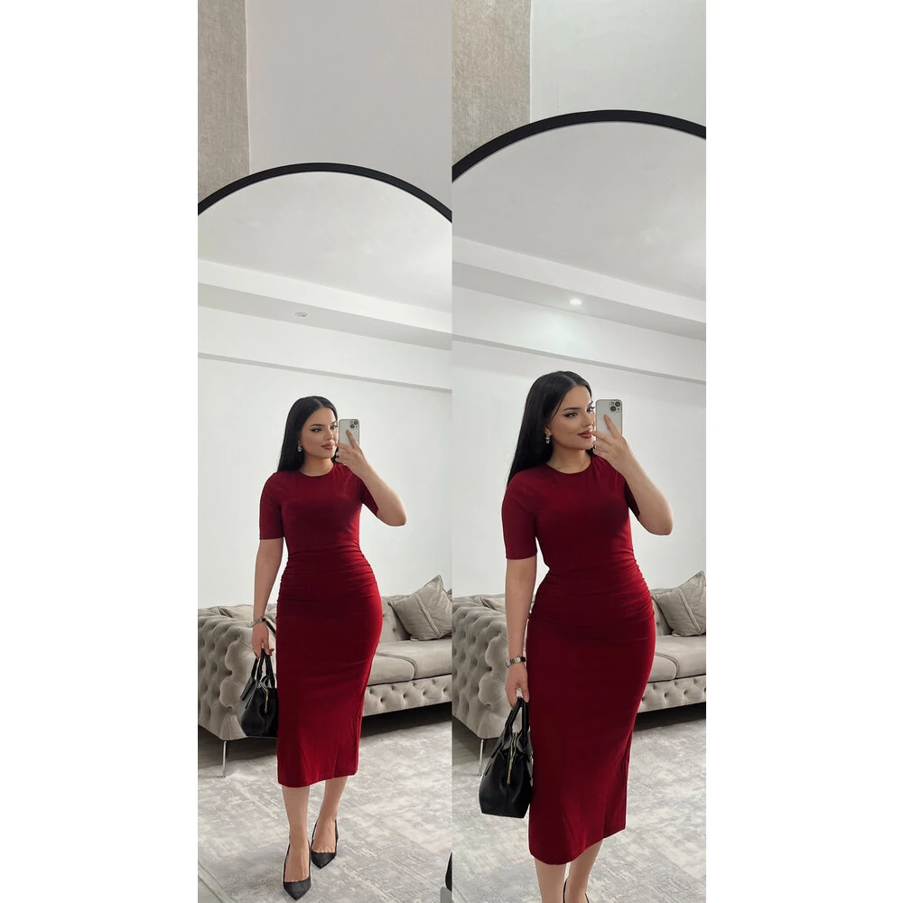 Kısa kol büzgü detay elbise bordo