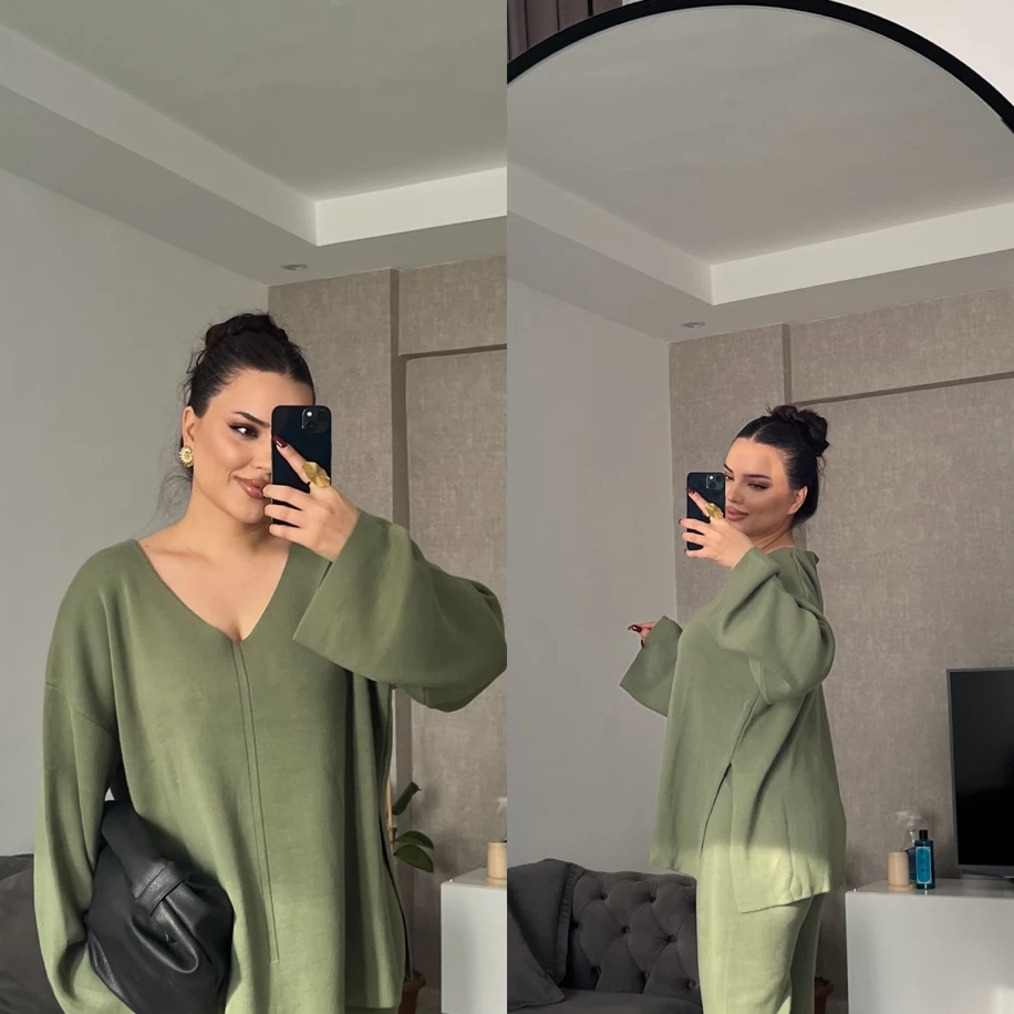 V yaka triko ikili takım yeşil