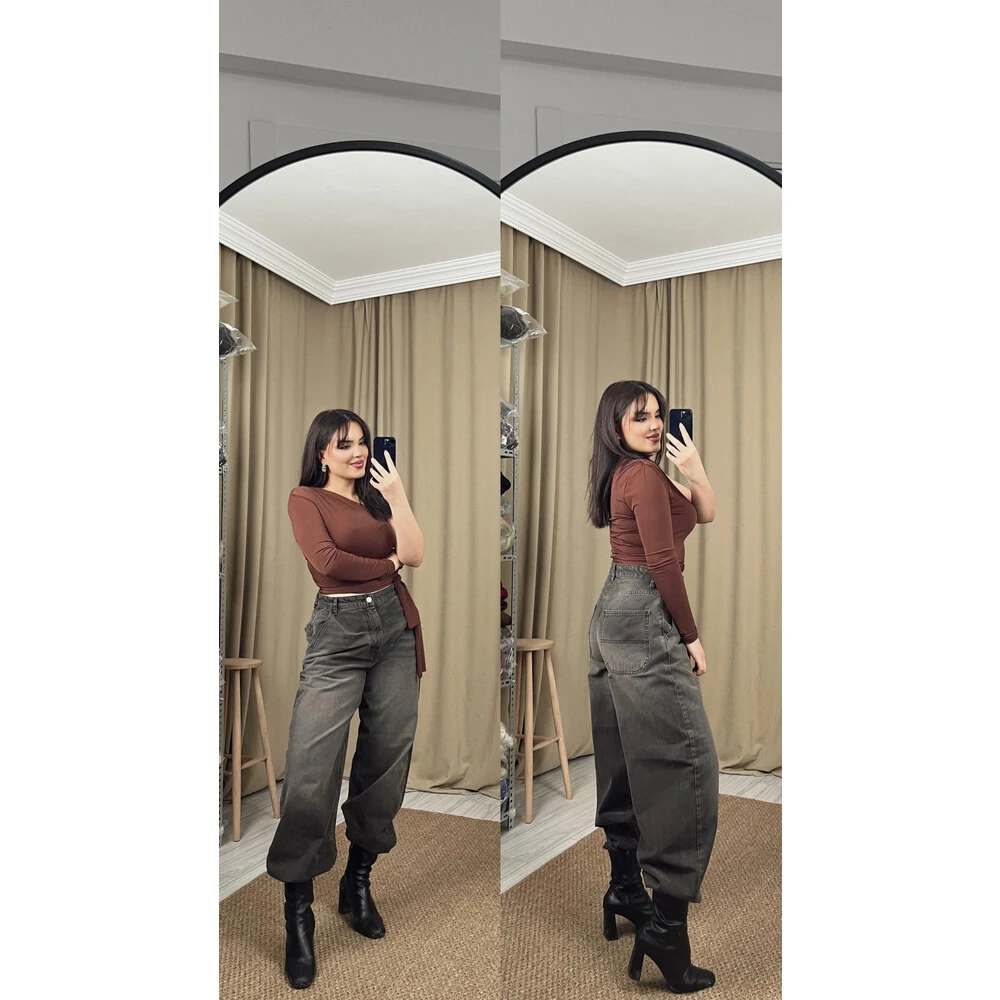 baggy jean soluk efektli füme kahve