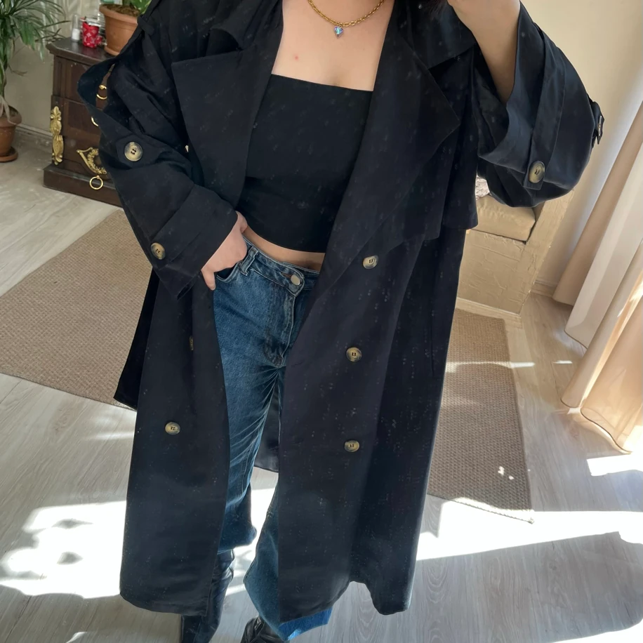 Premium uzun trençkot siyah