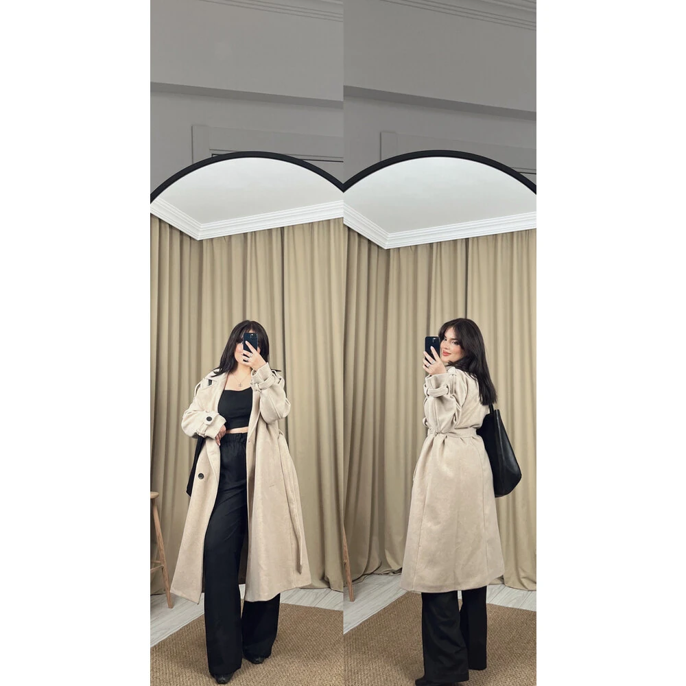 Premium astarlı kuşaklı uzun kaban bej