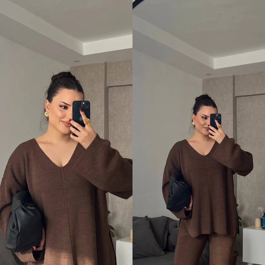 V yaka triko ikili takım kahverengi