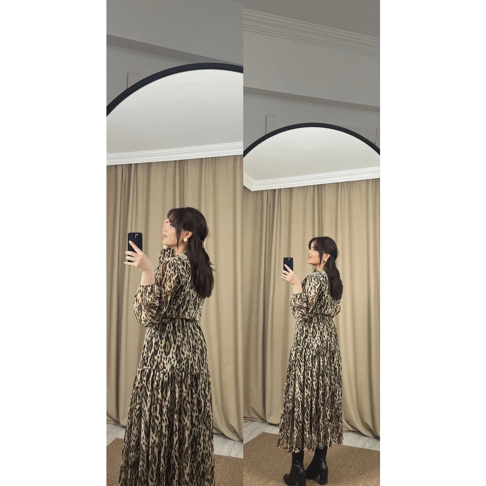 V yaka şifon leopar elbise