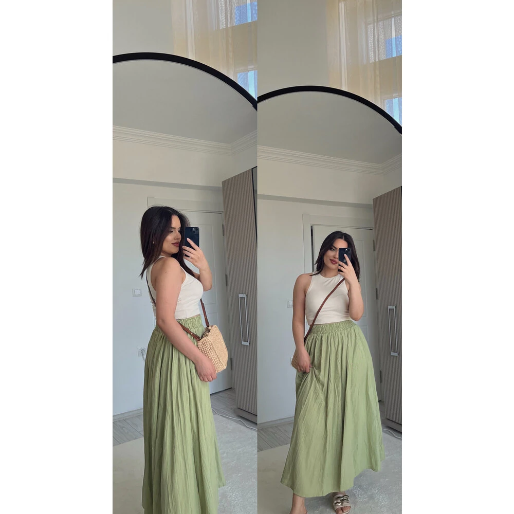 Yeşil gofre astarlı etek