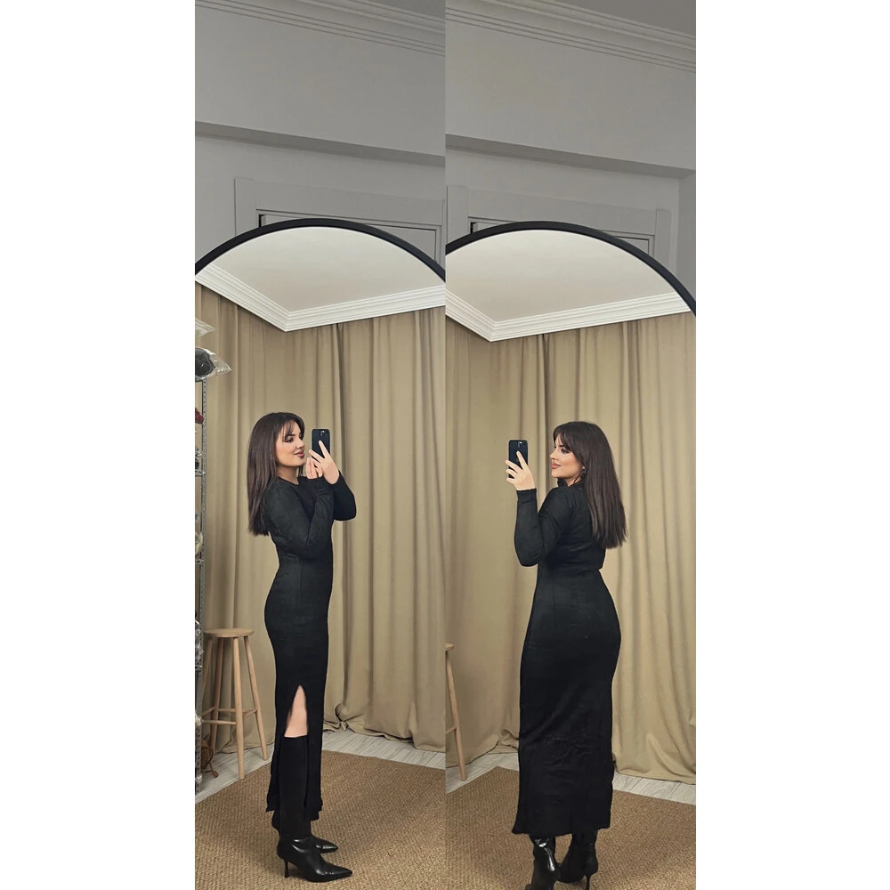 Bisiklet yaka yandan yırtmaçlı triko elbise siyah