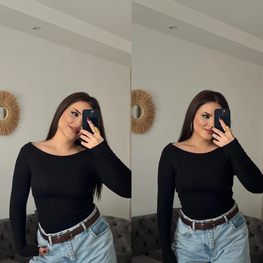 Kayık yaka oys uzun kol body siyah