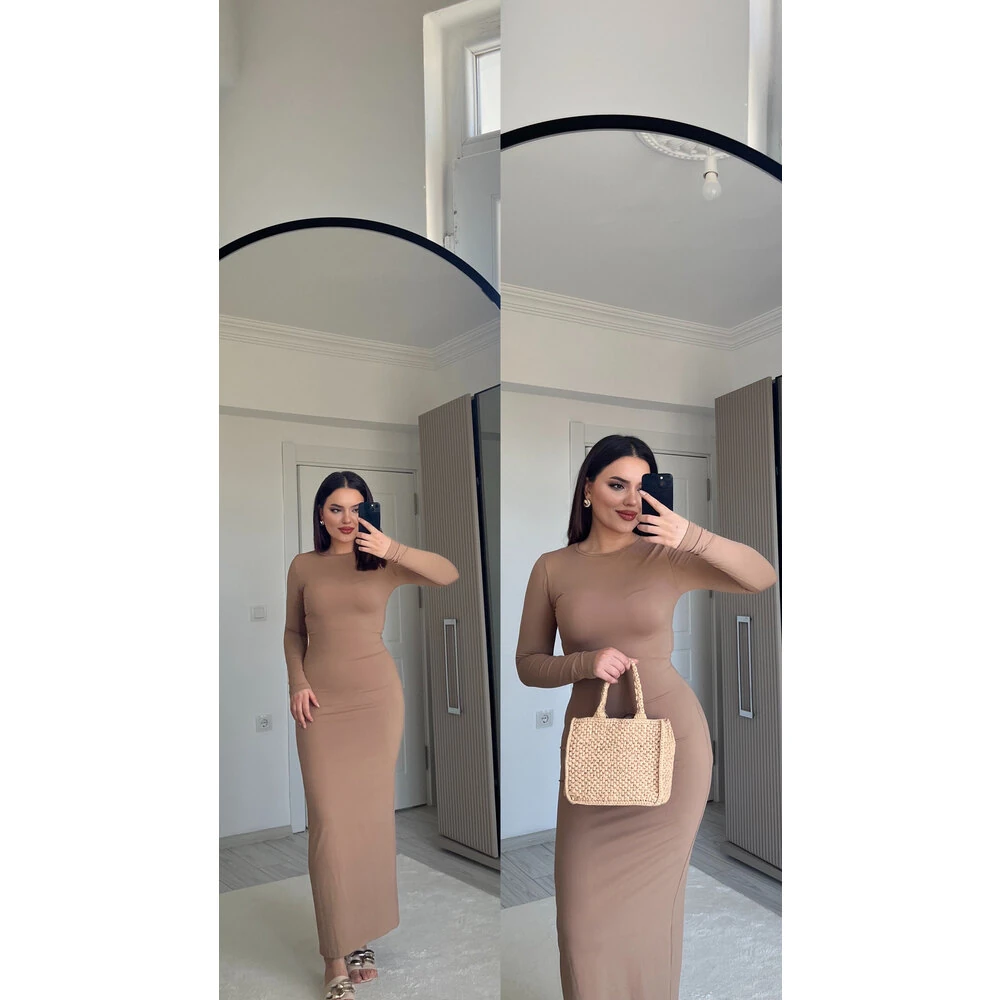 Sütlü kahve uzun kol maxi elbise