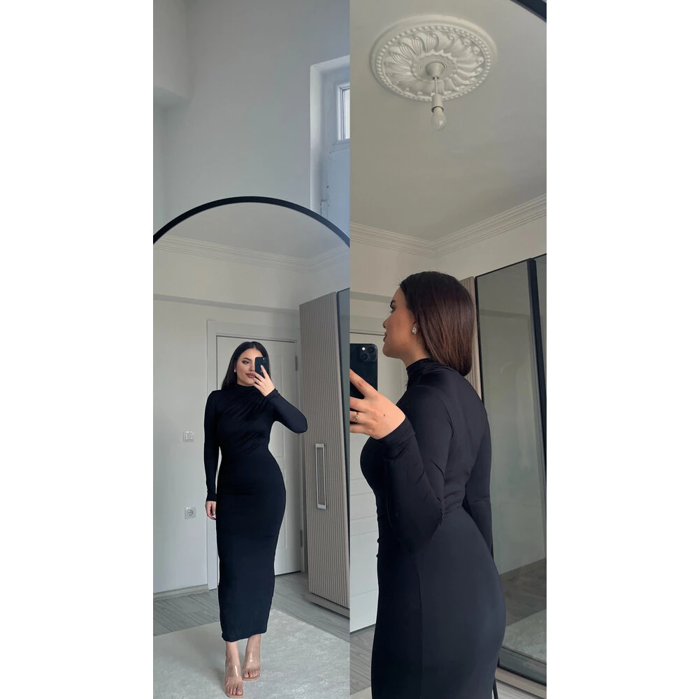 Drapeli uzun kol maxi elbise siyah