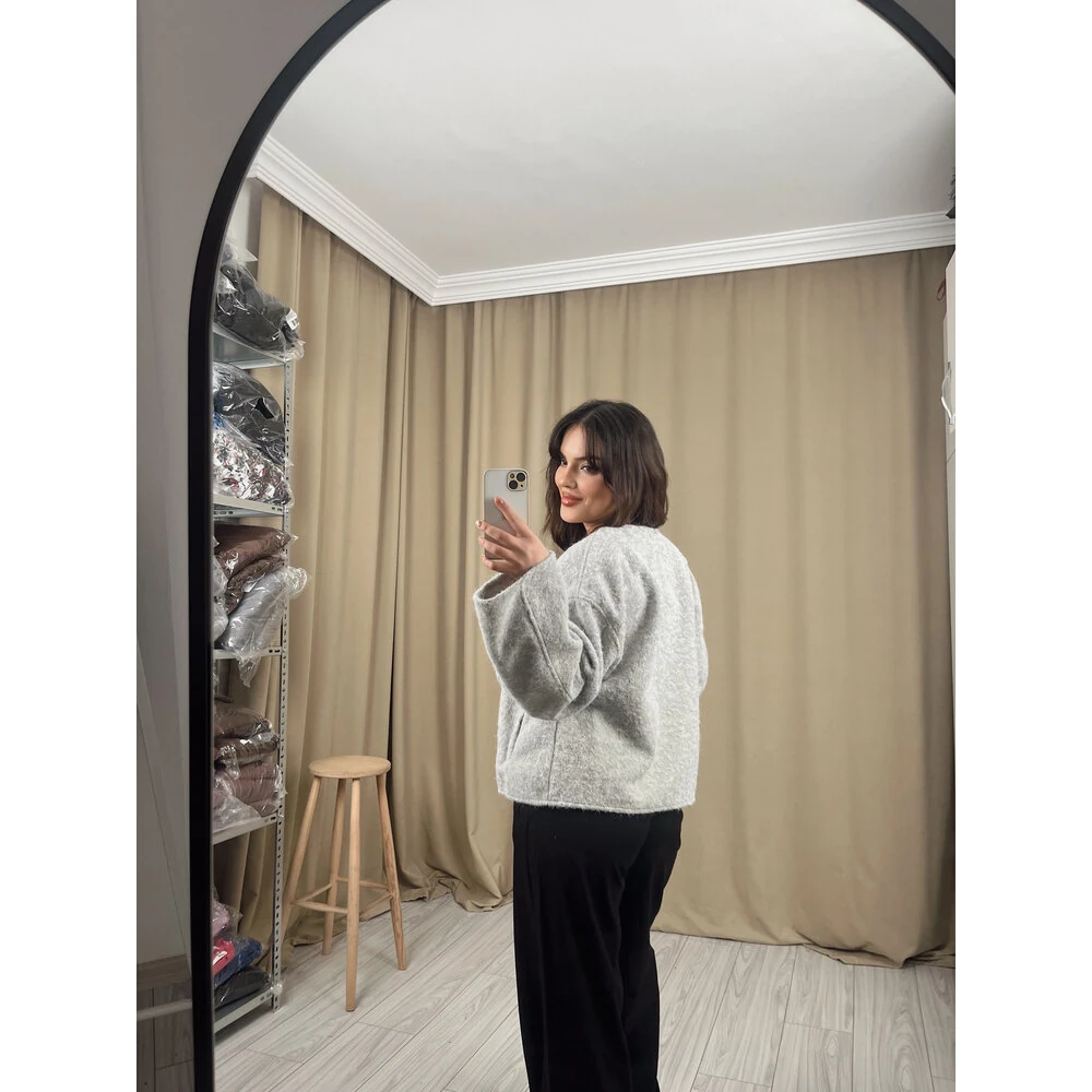 Buklet kaşe yün ceket gri