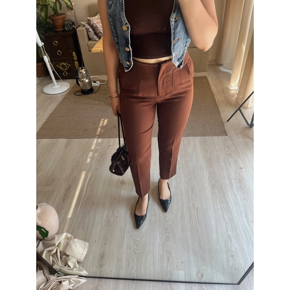 Zara model yüksek bel kumaş pantolon kahverengi