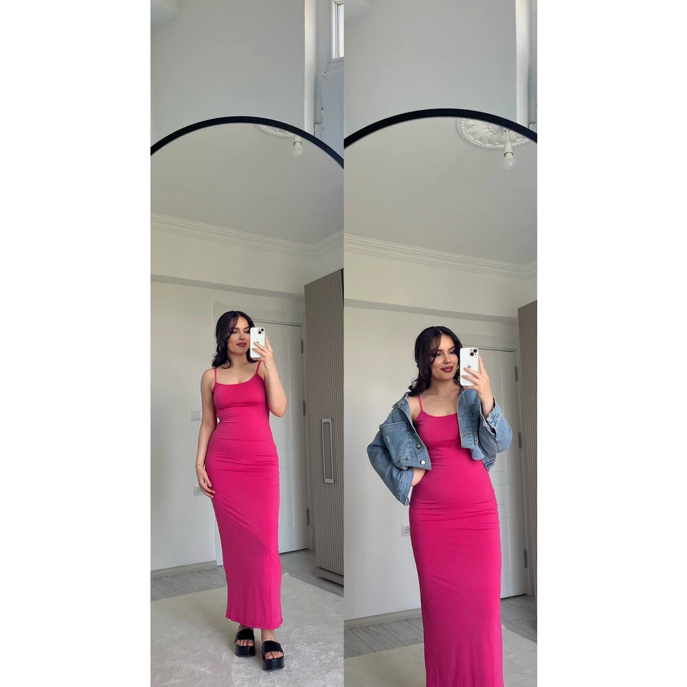 Basıc askılı uzun elbise pembe