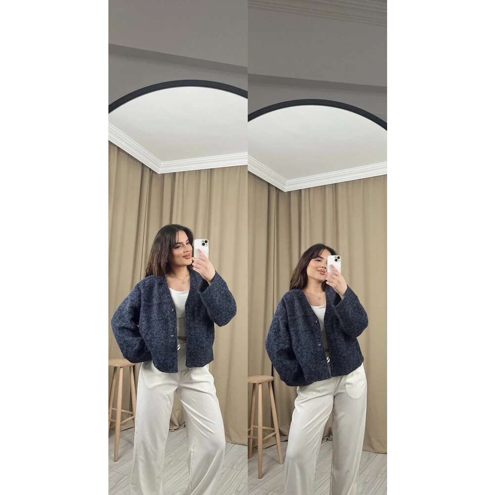 Buklet kaşe yün ceket lacivert