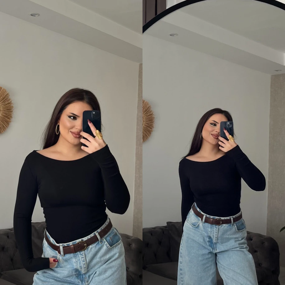 Kayık yaka oys uzun kol body siyah