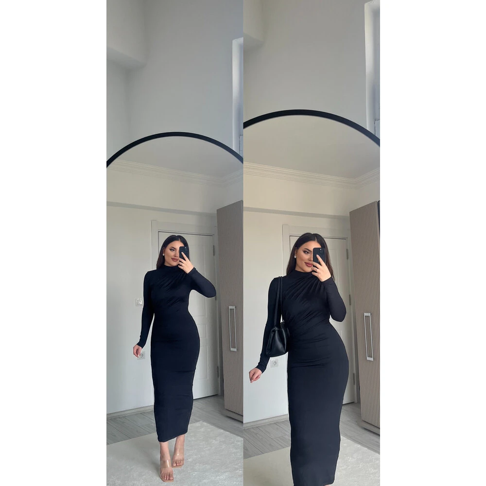 Drapeli uzun kol maxi elbise siyah