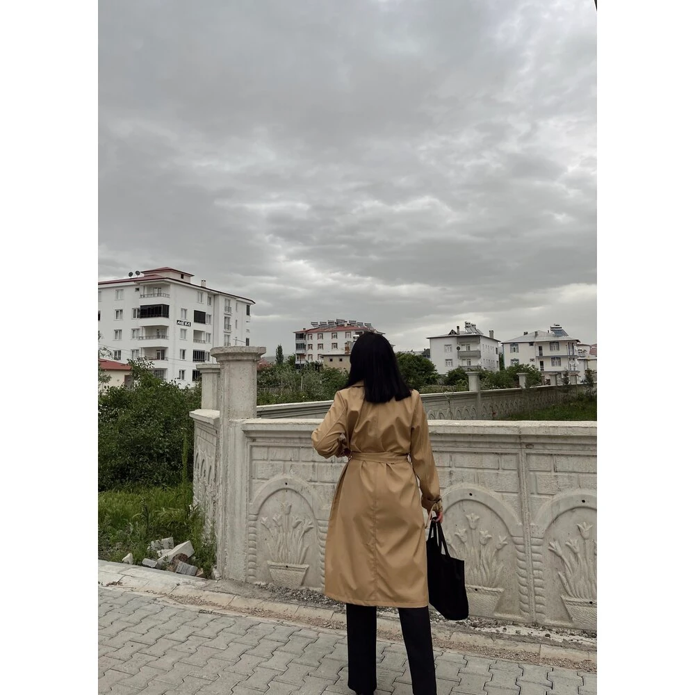 astarlı uzun trençkot camel