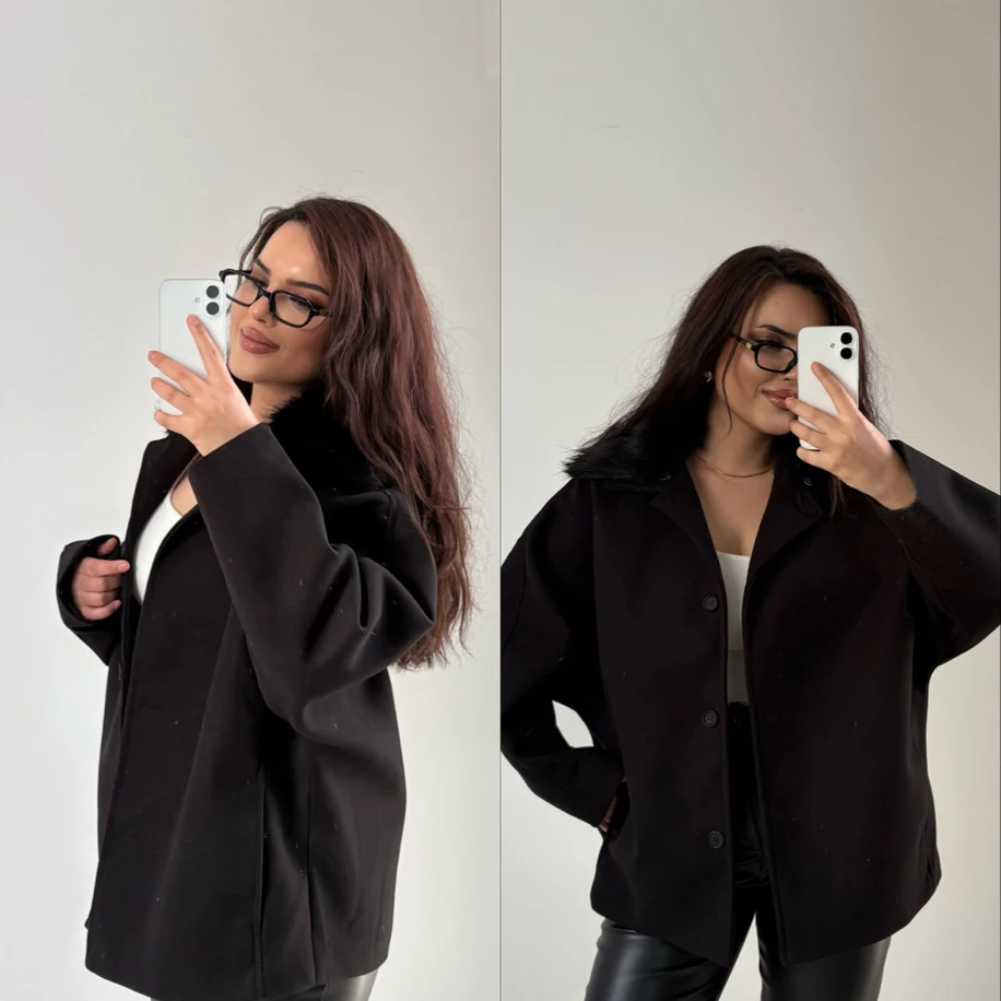 Kaşe çıkarılabilir kürklü kaban siyah