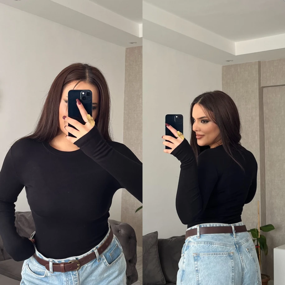 Bisiklet yaka oys uzun kol parmak geçmeli body siyah