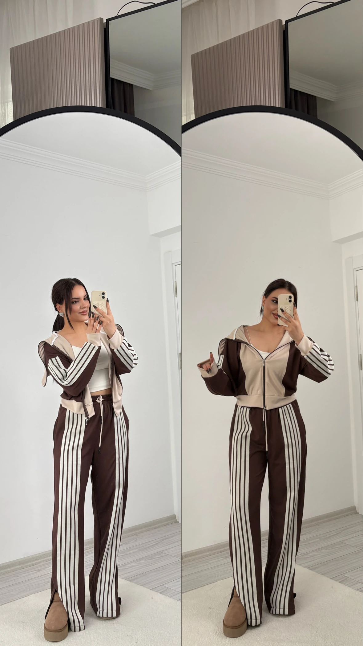 şeritli takım kahverengi