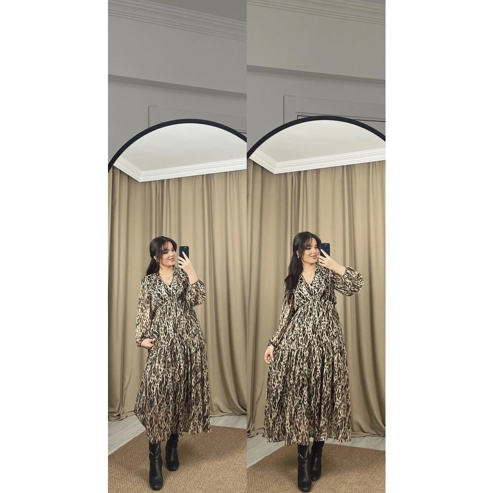 V yaka şifon leopar elbise