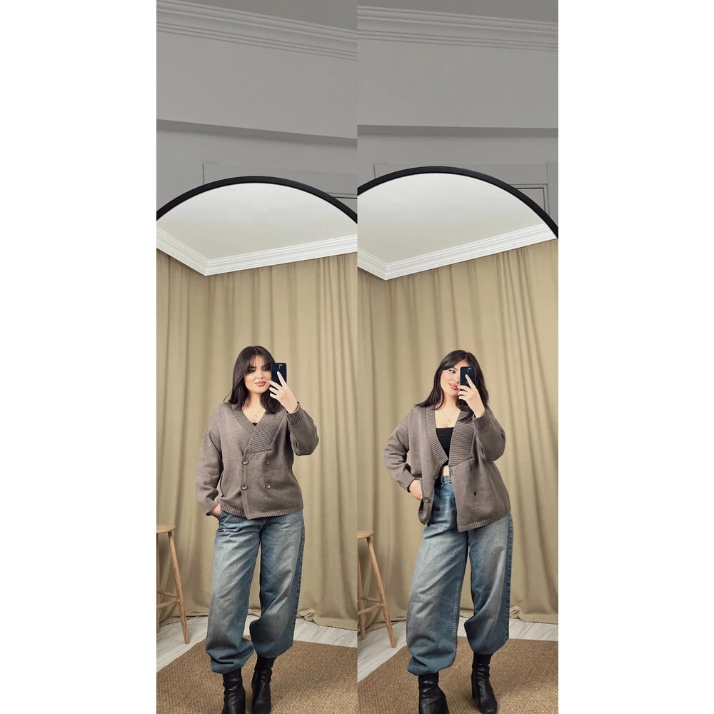 Düğmeli kruvaze yaka hırka kahverengi