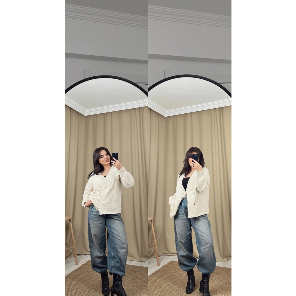 Düğmeli kruvaze yaka hırka krem