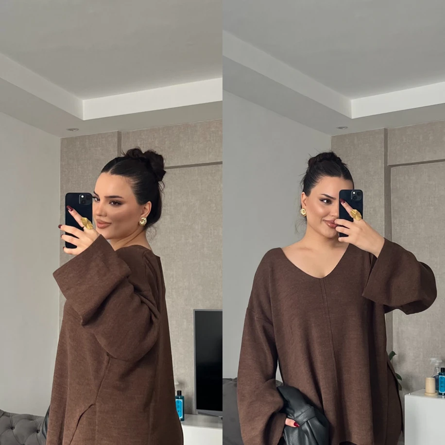 V yaka triko ikili takım kahverengi